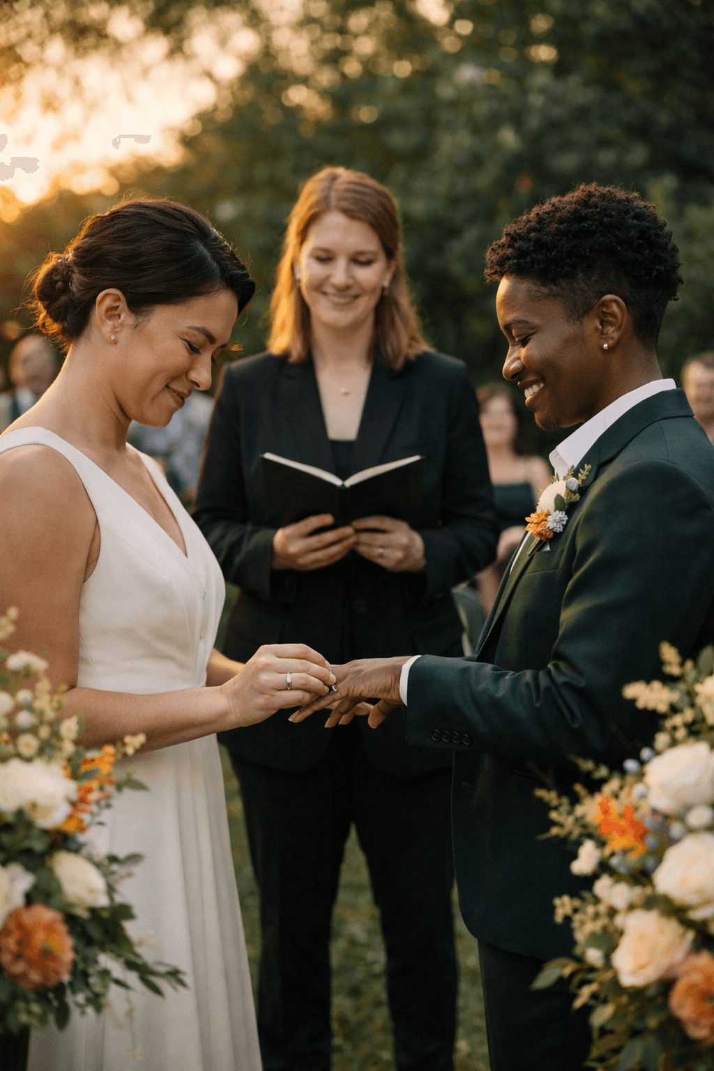 Two women exchanging rings at a wedding ceremony